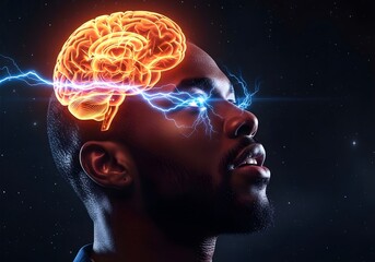 Obraz premium Human brain illuminated with energy and lightning bolts representing thought and intelligence