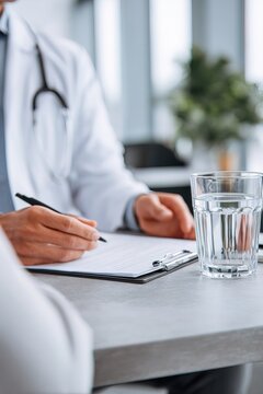 Medical consultation scene healthcare professional discussing dietary recommendations with patient in contemporary clinic. Ideal for preventive healthcare campaigns and nutrition awareness materials