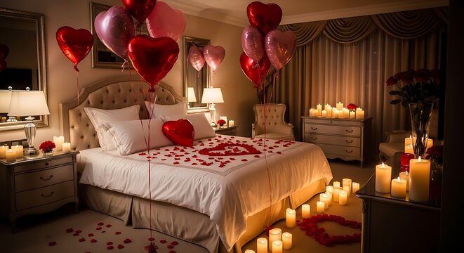Romantic bedroom setup with heart balloons and rose petals on bed