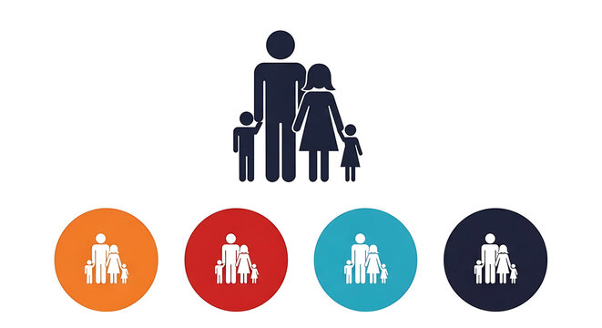 Group of family icons showing parents and children represented as silhouettes and circular buttons with children silhouette parenting relationship colorful community together