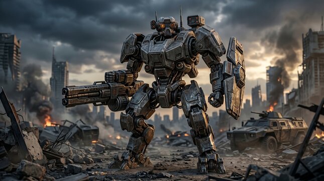 A formidable robotic combatant dominates a post-apocalyptic urban wasteland, showcasing advanced AI and futuristic warfare technology amidst crumbling skyscrapers and battle-scarred landscapes