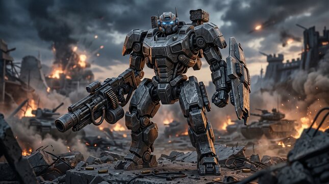 A powerful futuristic AI-driven combat robot, heavily armored and armed, stands defiant in the fiery ruins of a war-torn city, embodying advanced battlefield technology