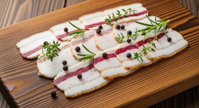 Thin, translucent slices of salted white lard arranged neatly on a rustic wooden board, garnished with black peppercorns and fresh herbs, appetizer, wooden, rustic