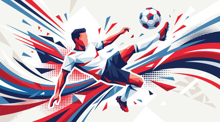 Obraz premium Dynamic soccer player kicking ball in mid-air, abstract geometric football athlete vector, energetic sports action illustration with red and blue motion lines