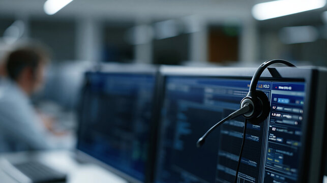 Close-up of a bustling tech support station with multiple calls on hold and system diagnostics displayed on computer screens, IT operations concept, defocused, with copy space