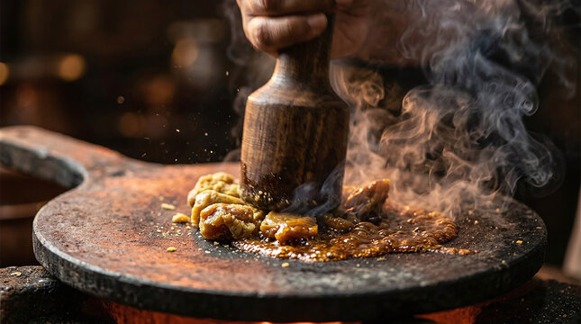Smashing asafoetida resin from Afghanistan &ndash; pungent spice, heat activation, traditional cooking, food photography,ndian cuisine, Middle Eastern spice