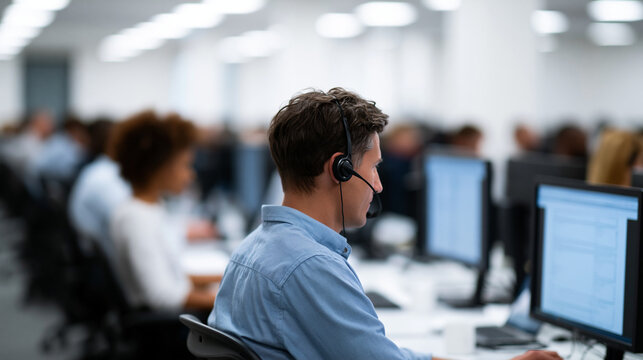 Bustling IT helpdesk with anonymous tech support staff assisting clients in person and over the phone, computer screens displaying troubleshooting guides, team working concept,