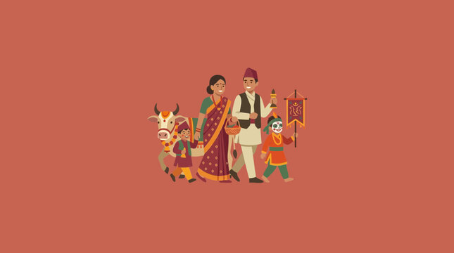 Nepalese Family Celebrating Dashain Festival with Sacred Cow