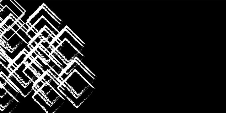 Abstract background featuring overlapping white and grey square outlines with a grunge, distressed texture on a black background.
