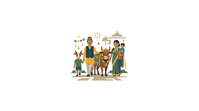 Nepalese Family Celebrating Tihar Festival with Decorated Cow
