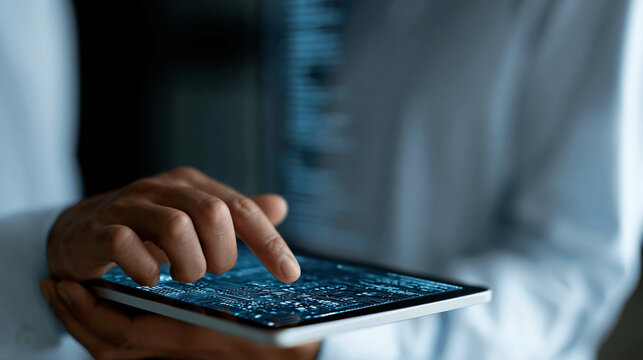 Abstract digital technology and software development concept showing a coding engineer using a digital tablet with circuit board and JavaScript on a virtual IoT screen, defocused,