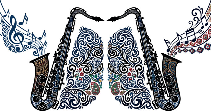 Vintage Jazz Music Illustration with Intricate Paisley Pattern Saxophones, Ornate Floral Swirls, Musical Notes, and Traditional Ethnic Mandala Wave Designs