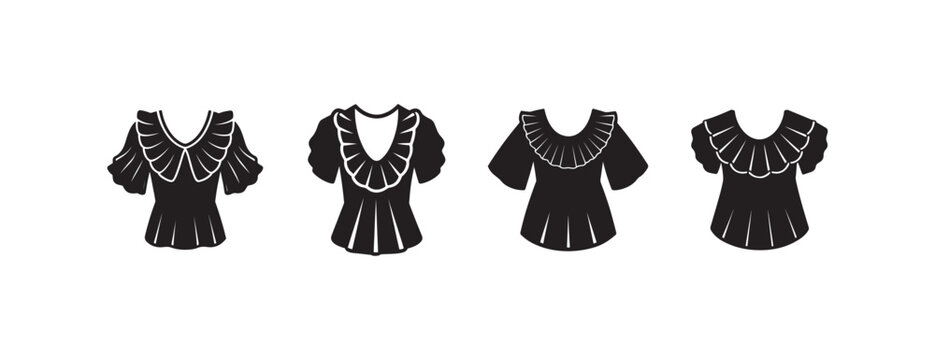  blouses with ruffles on white background  various views  fashion illustration
