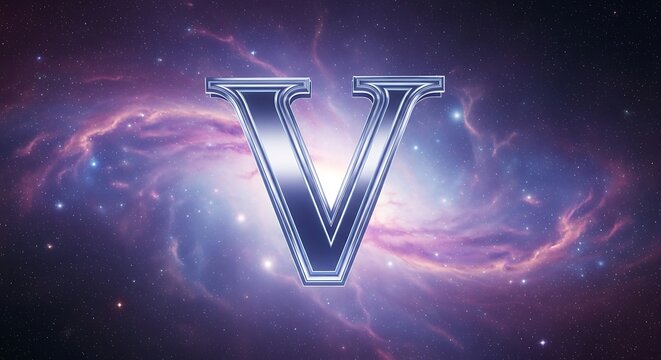 Metallic letter v over cosmic nebula background with stars and purple clouds