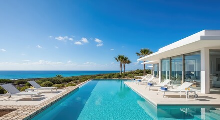 Fototapeta premium A stunning luxury villa features a modern infinity pool seamlessly blending into the vast blue ocean horizon during a bright sunny afternoon, sunshine, reflection, exterior