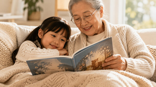 Grandparents raising grandchildren in cozy living room reading together joyful bonding family love warm sunlight soft blanket