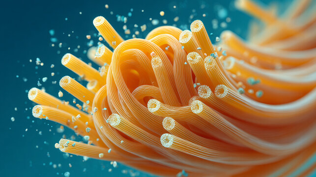 Abstract macro view of raw spaghetti pasta strands with dusting flour particles in motion