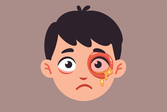 Close up of a young boy character with a severely red and infected eye having yellow discharge to represent conjunctivitis.