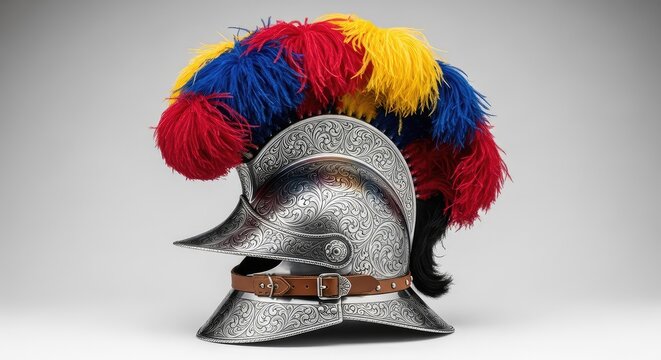 Detailed shot of a polished steel morion helmet with vibrant ostrich plumes, featuring intricate etched scrollwork and a leather strap, morion, ornamental, museum