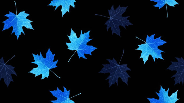 Seamless pattern of blue maple leaves scattered on a solid black background, featuring varying shades of cyan and navy blue foliage with visible leaf veins and pointed lobes