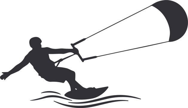 Dynamic Black Silhouette of Kite Surfer Riding Waves with Large Curved Kite for Extreme Water Sport Concept