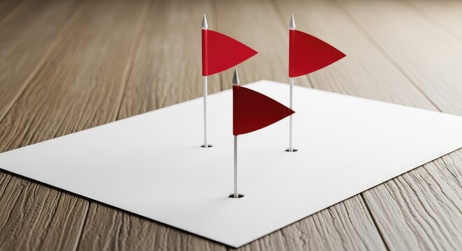 Three small red flags are positioned on a clean white sheet of paper resting on a textured wooden table surface, signaling caution and risk, desk, office, still life