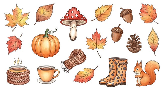 Autumn season harvest and forest elements collection seasonal nature objects