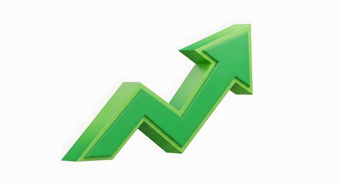 3d green arrow pointing upwards in a zigzag step pattern, isolated on a white background, representing financial growth, market success, progress, and positive economic trends in business charts