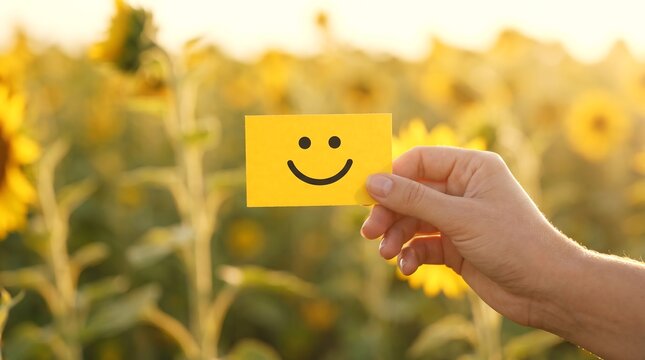 Hand holding a yellow smile icon card for mental health wellness