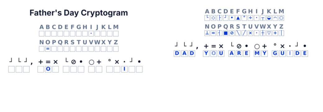 Fathers Day Cryptogram secret code puzzle for kids, decode the message, printable activity page with answer key