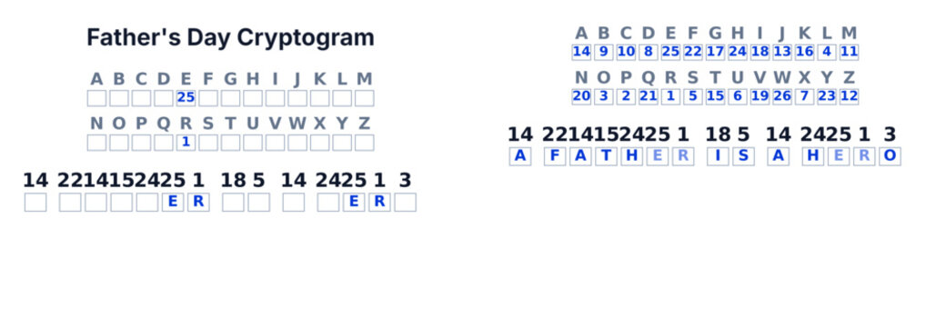 Cryptogram secret code puzzle for kids and adults, decode the message, printable Fathers Day theme