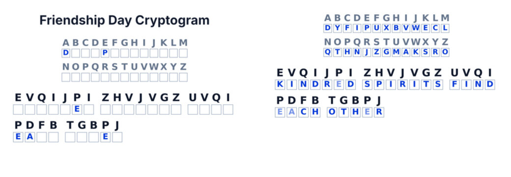 Friendship Day Cryptogram secret code puzzle for kids and adults, decode the message, printable worksheet