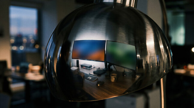 Abstract dual monitor workspace reflected in curved brushed metal lamp