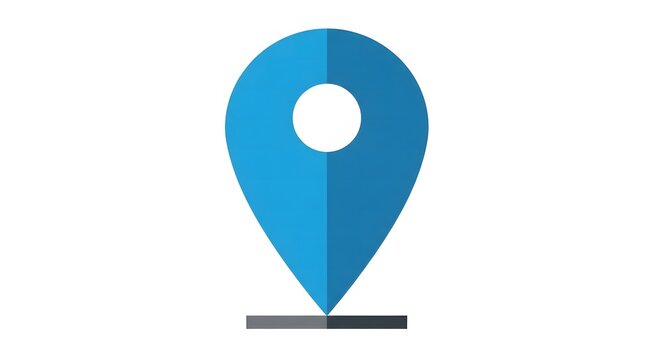 A blue map location pin with a circular hole in the center, featuring a split-tone color effect and a small gray rectangular base, isolated on a clean, plain white background, for easy use