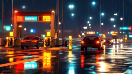 Obraz premium Nighttime Toll Booth Scene with Rain and Reflections in City Lights