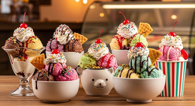 Colorful ice cream sundaes and cotton candy cups displayed on wooden table