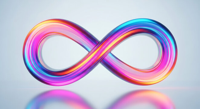 Vibrant colorful 3D infinity symbol with glossy metallic reflection