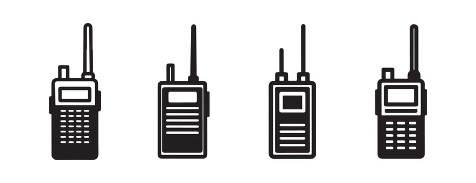 walkie talkies with antennas on white background for communication and technology concepts  various radio transceiver devices