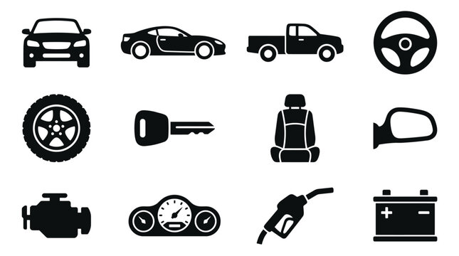   
Automobile icons collection featuring car front, sports car, pickup truck, steering wheel, tire, key fob, seat, mirror, engine, dashboard, fuel pump, battery