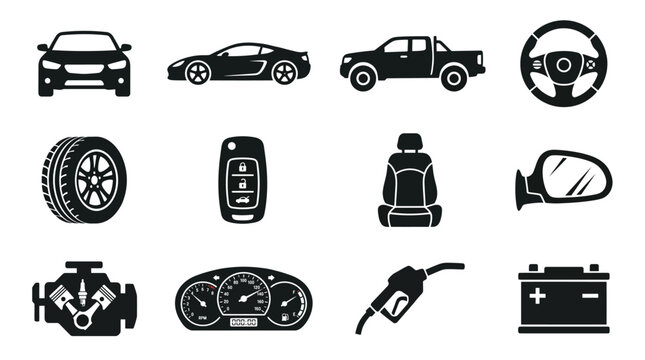   
Automobile icons collection featuring car front, sports car, pickup truck, steering wheel, tire, key fob, seat, mirror, engine, dashboard, fuel pump, battery