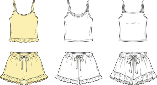 Women pajama set camisole and shorts vector sketch, cad drawing flat vector illustration