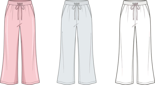 Women wide leg sweatpants with drawstring vector sketch, cad drawing flat vector illustration