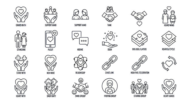 Various social and business icons are shown in a grid layout on a white background.