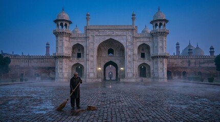 Obraz premium Worker cleans a stone courtyard in front of a majestic historical monument during the early morning hours.