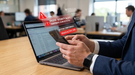 Fototapeta premium Network administrator checking critical security breach warning alert on smartphone and laptop screen for data center cyber incident response presentation use.