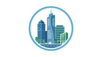 Fototapeta premium Modern Cityscape Illustration with Tall Buildings and Trees.