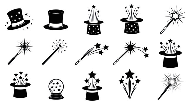 Magician's hat and wand illustrations show magic tricks and stars