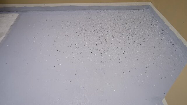 Video shows a freshly painted light blue floor surface. Decorative black white flakes are sprinkled onto the wet paint, creating a speckled epoxy finish