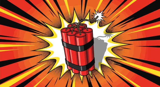 A cartoon dynamite explodes with a burst of flames and smoke.