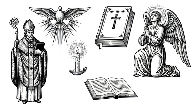 A priest stands beside a praying angel with a dove, book, and candle.